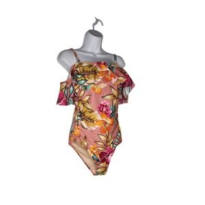 Kona Sol Tropical Floral Ruffle One-Piece Swimsuit | Size M | Off Shoulder